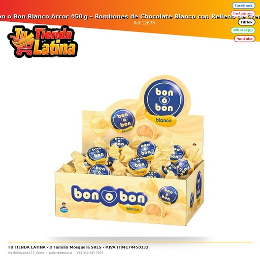 [12678] ​Bon o Bon Blanco Arcor 450 g – Bombones de Chocolate Blanco con Relleno de Crema de Maní