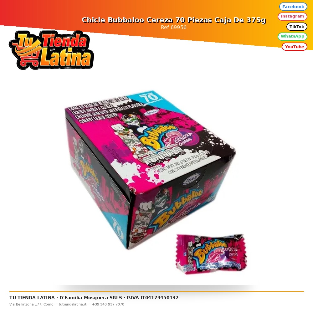 Bubbaloo Cherry Chewing Gum 70 Pieces Box of 375g