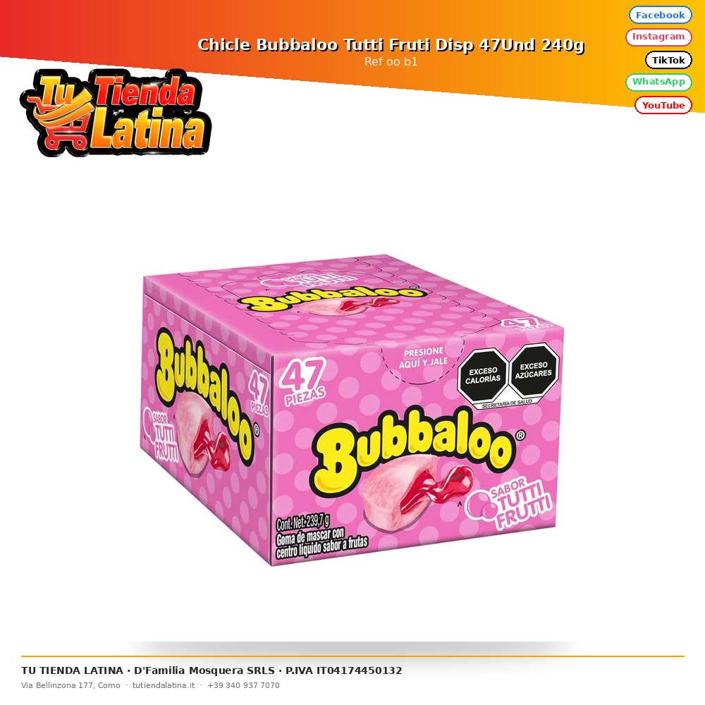 Bubbaloo Tutti Fruti Gum Disp 47Und 240g