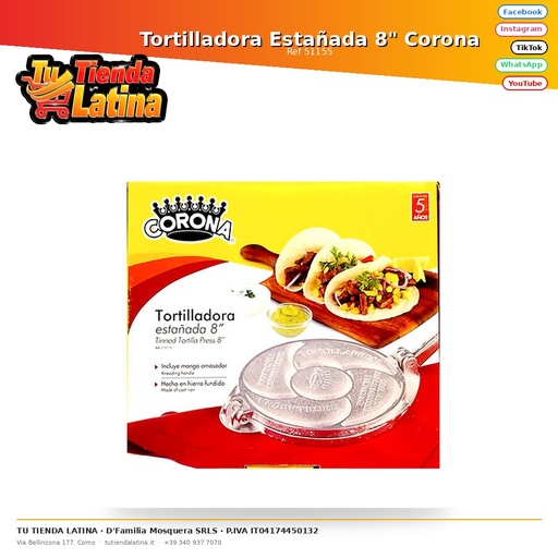 [51155] Tinned Tortilla Maker 8" Corona