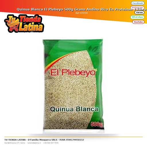 [47059] Quinua Blanca El Plebeyo 500g Grano Andino Rico En Proteínas Y Fibra