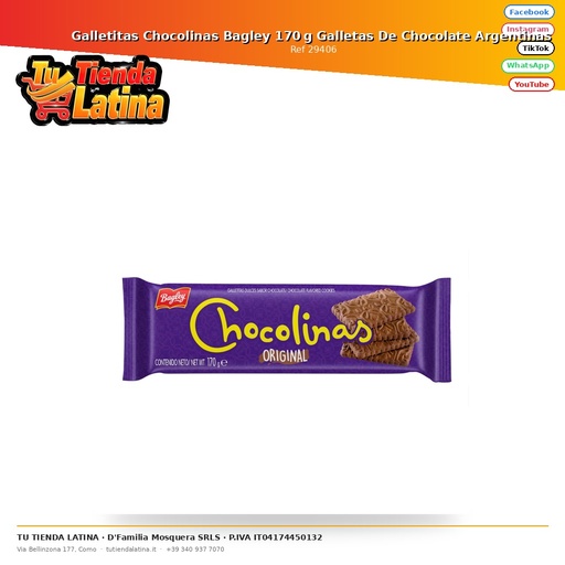 [29406] Galletitas Chocolinas Bagley 170 g Galletas De Chocolate Argentinas
